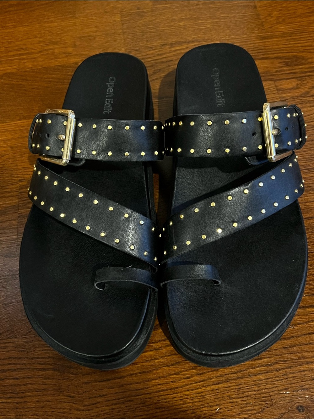 Open edit black tie sandals gold studded embellished 9